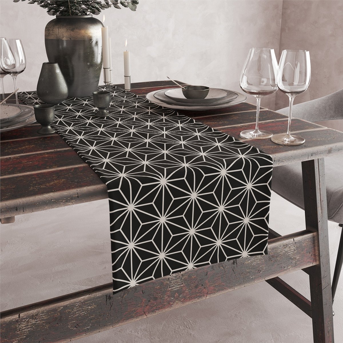 Vagonik Siyah Beyaz Yıldız Desenli Dijital Baskılı Runner 140x40 cm