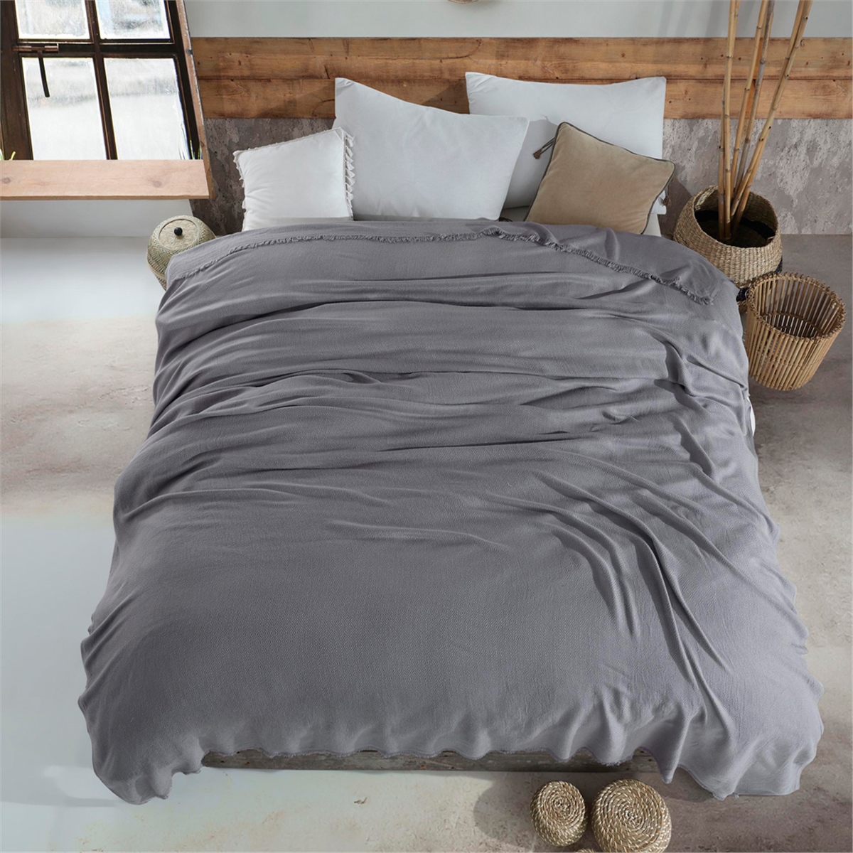 Vagonik Soft Çift Kişilik Bambu Yatak Örtüsü - Antrasit