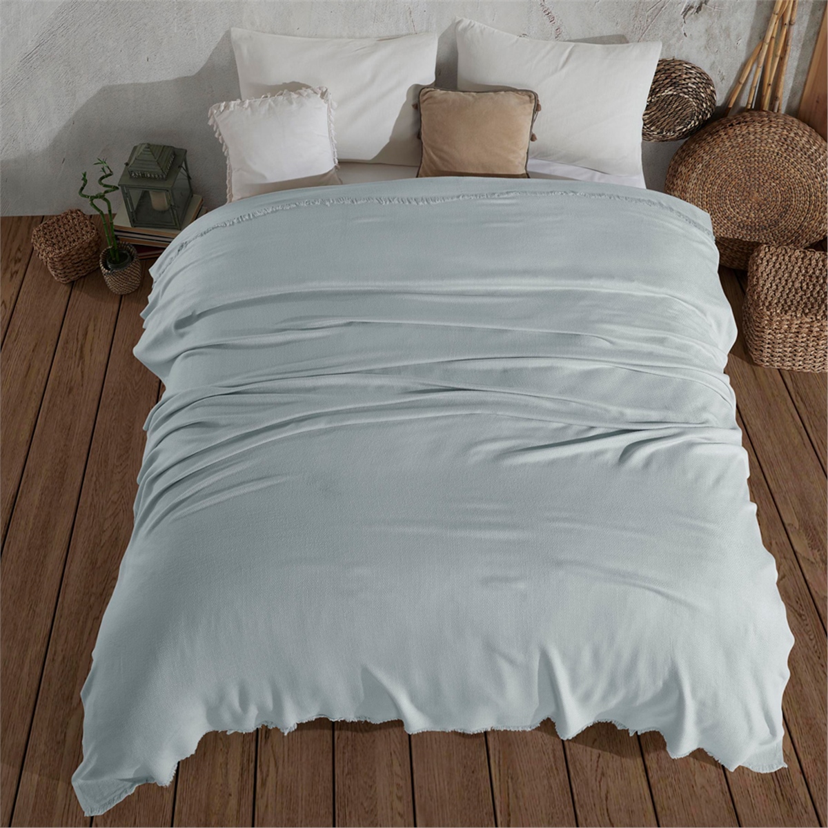 Vagonik Soft Çift Kişilik Bambu Yatak Örtüsü - Mavi