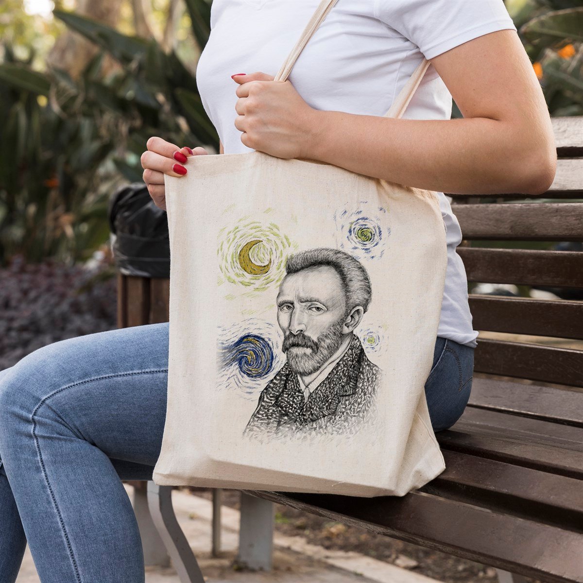 Vagonik Van Gogh Yıldızlı Gece Baskılı Ham Bez Kanvas Çanta 240 Gr.