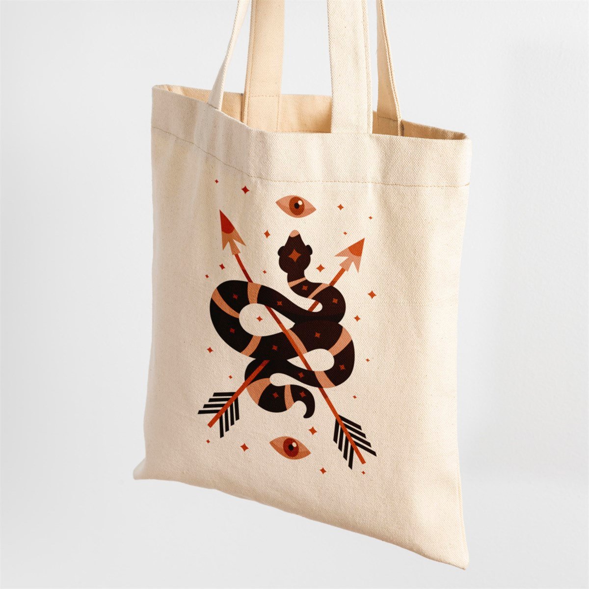 Vagonik Yılan Bohem Baskılı Ham Bez Kanvas Çanta 240 Gr.