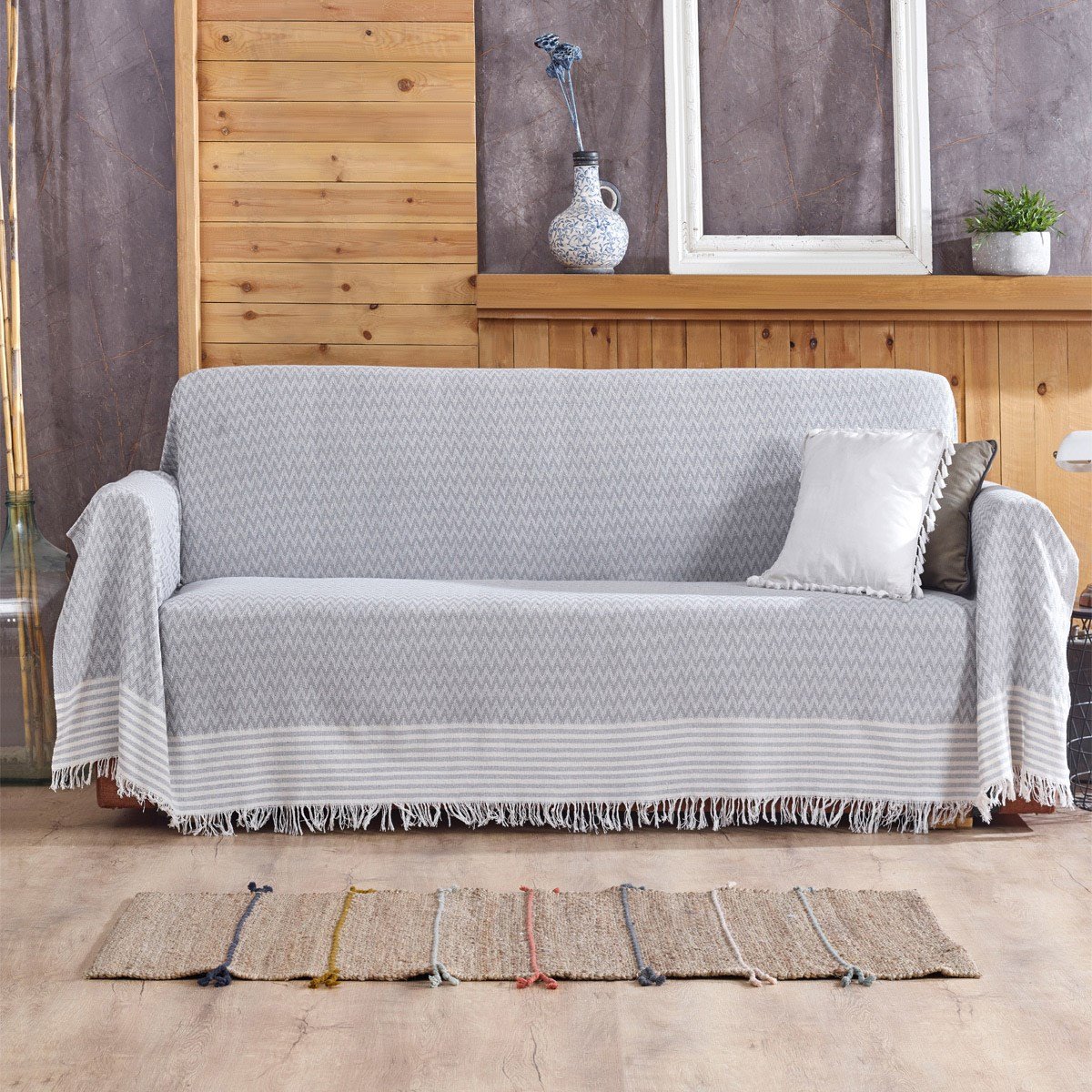 Vagonik Zigzag Desenli 3m Çekyat Kollarını Örten Battal Boy Koltuk Örtüsü 170 x 300 Gri