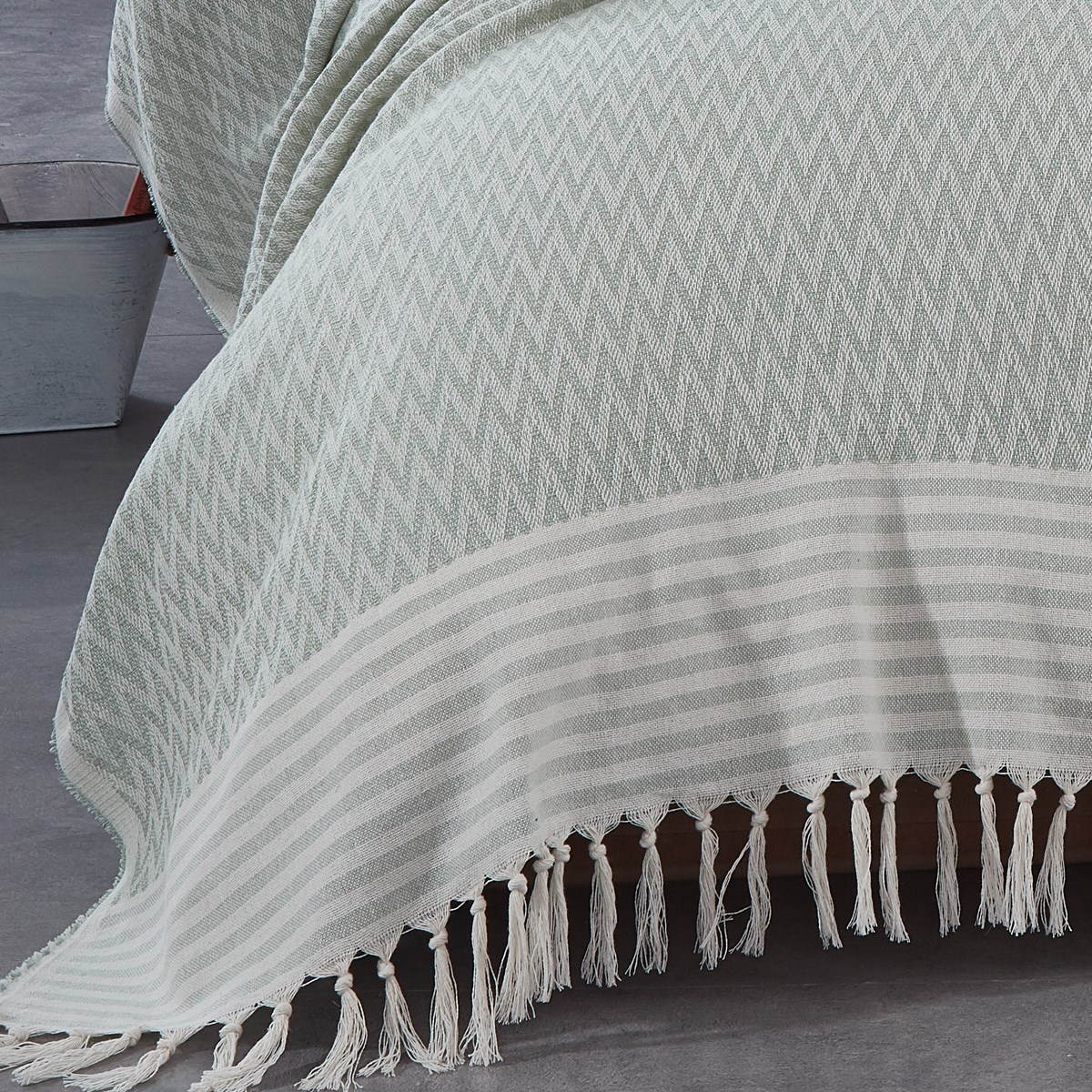 Vagonik Zigzag Kara Tezgah Dokuma Çift Kişilik Yatak Örtüsü - Su Yeşili