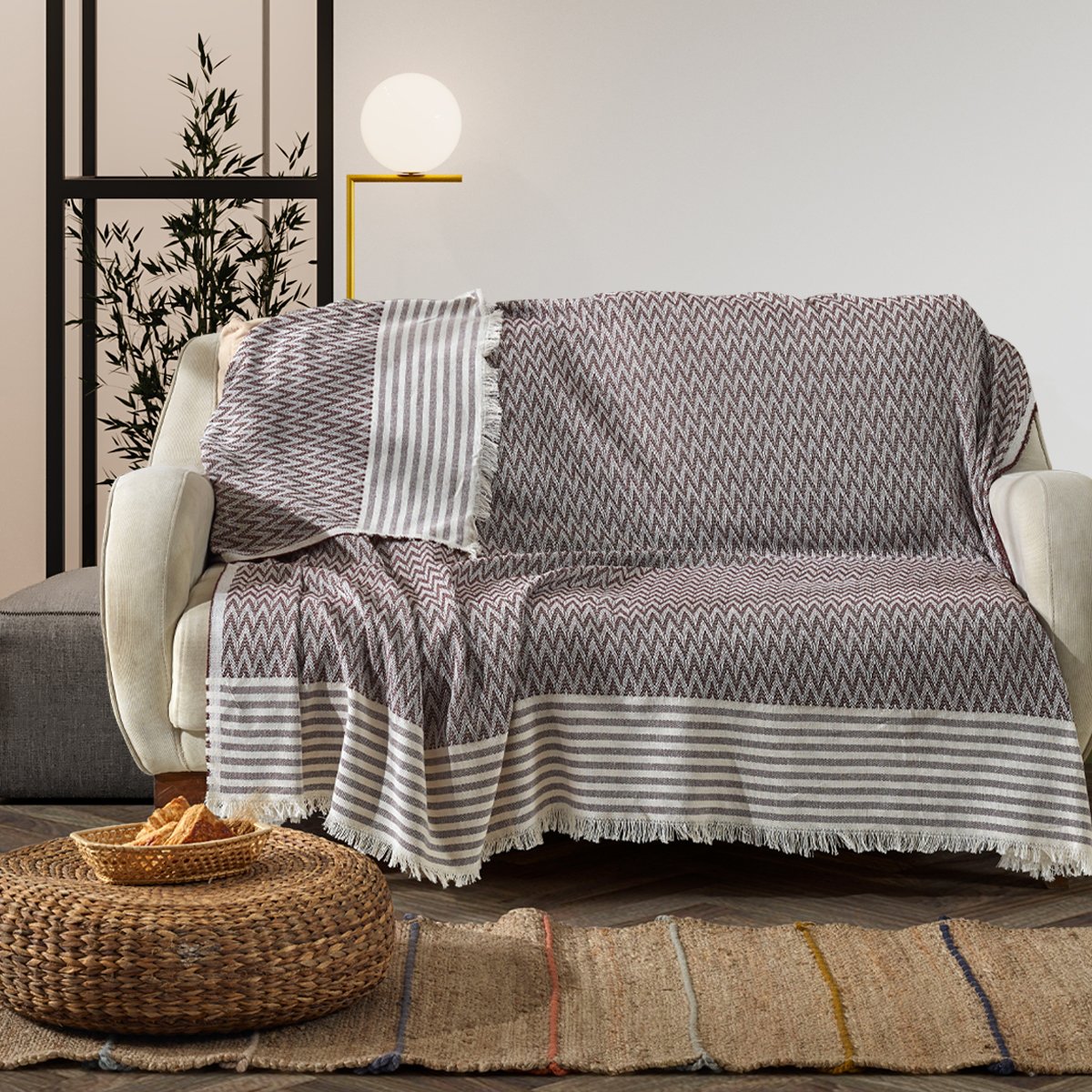 Vagonik Zigzag Natural Keten Koltuk Örtüsü | Koltuk Şalı Çekyat Örtüsü - Bordo