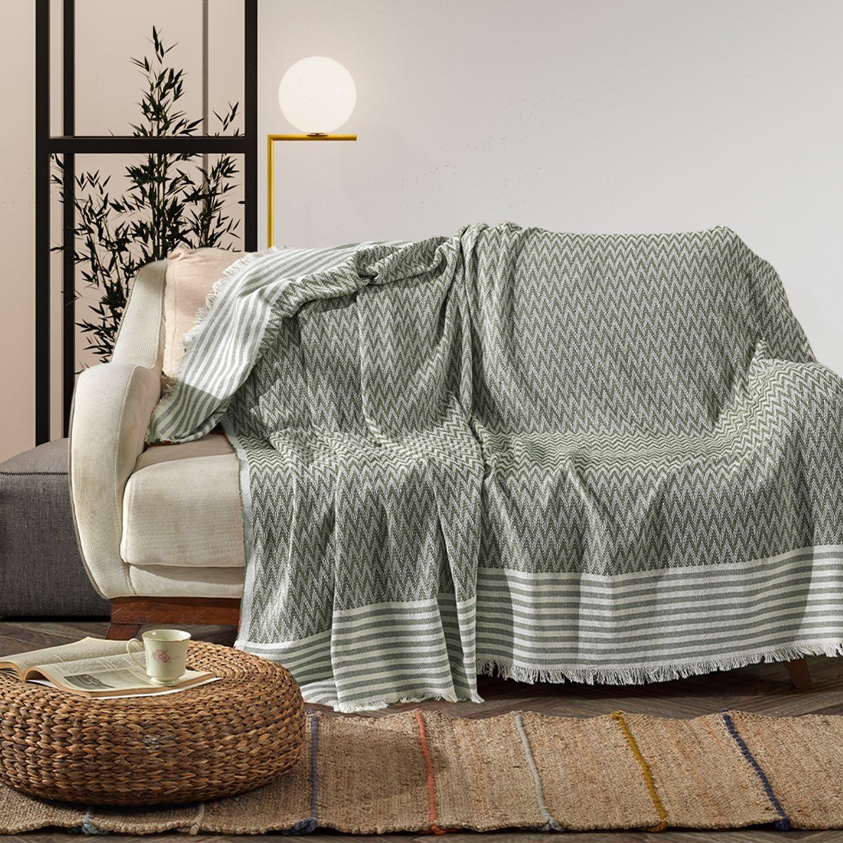 Vagonik Zigzag Natural Keten Koltuk Örtüsü | Koltuk Şalı Çekyat Örtüsü - Haki Yeşil