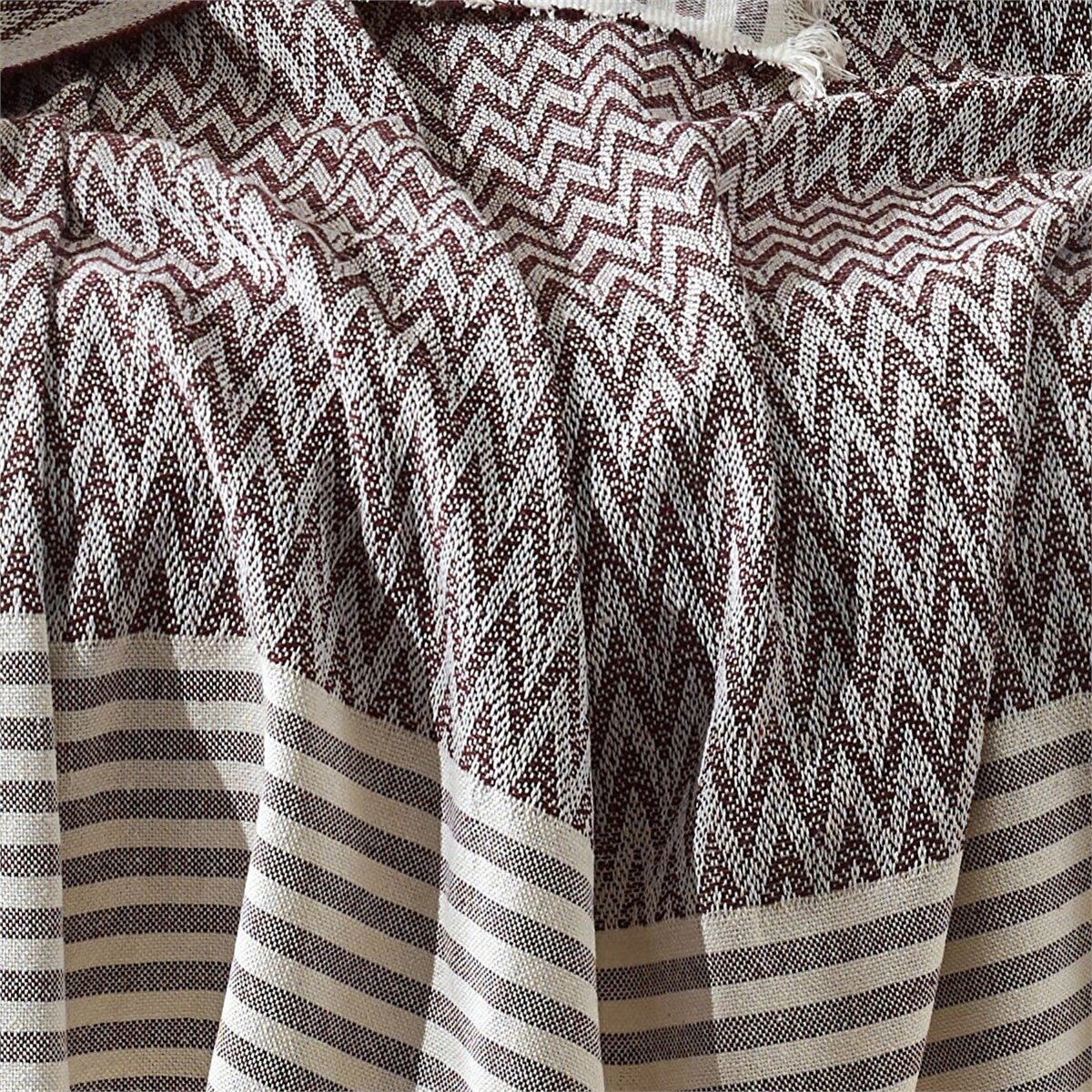 Vagonik Zigzag Natural Keten Koltuk Örtüsü | Koltuk Şalı Çekyat Örtüsü - Bordo