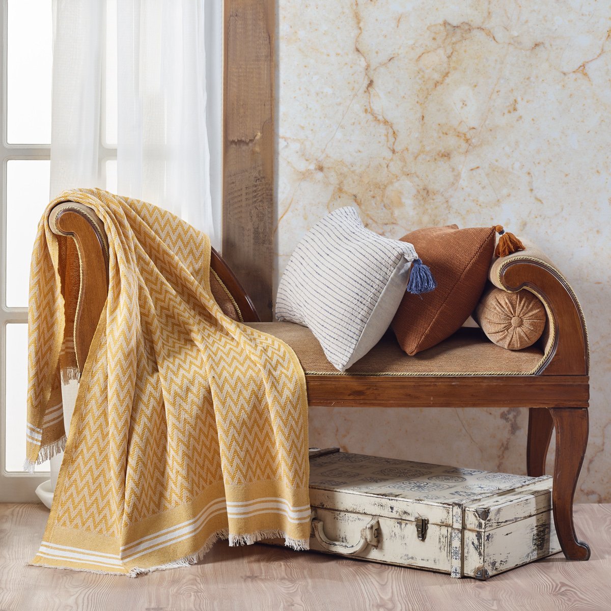 Vagonik Zigzag Pamuklu Tv Battaniyesi | Diz Battaniyesi Throw - Hardal