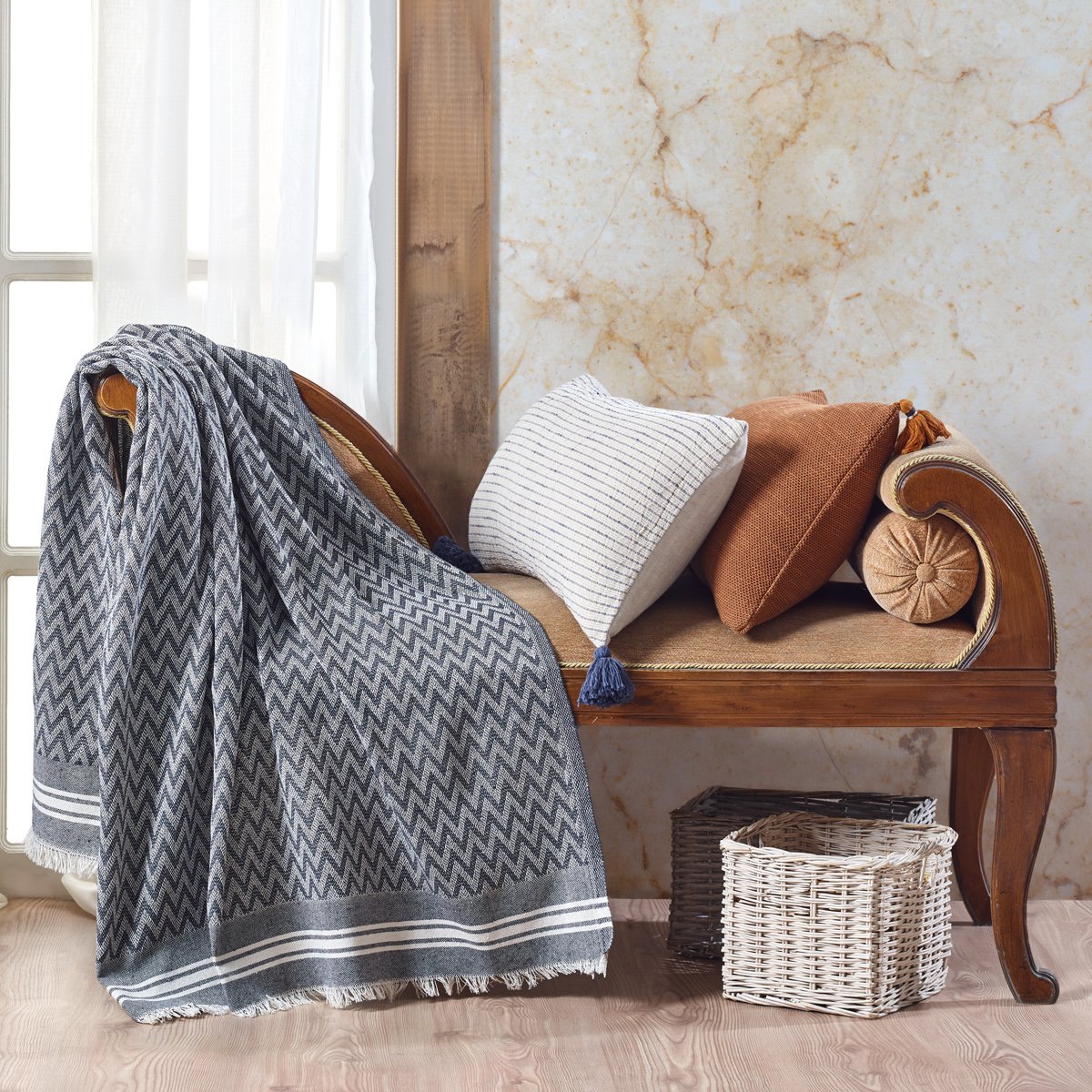 Vagonik Zigzag Pamuklu Tv Battaniyesi | Diz Battaniyesi Throw - Antrasit