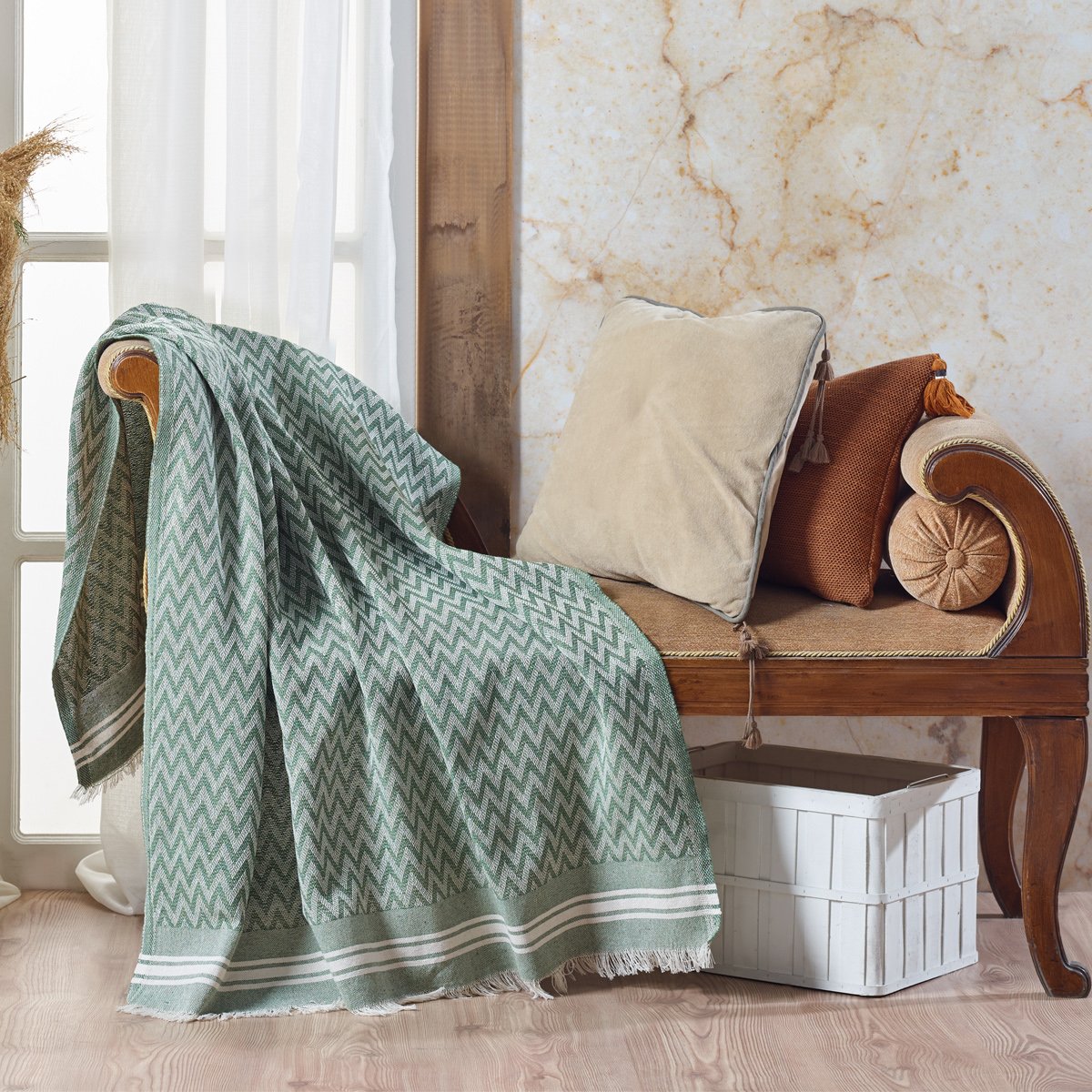 Vagonik Zigzag Pamuklu Tv Battaniyesi | Diz Battaniyesi Throw - Yeşil