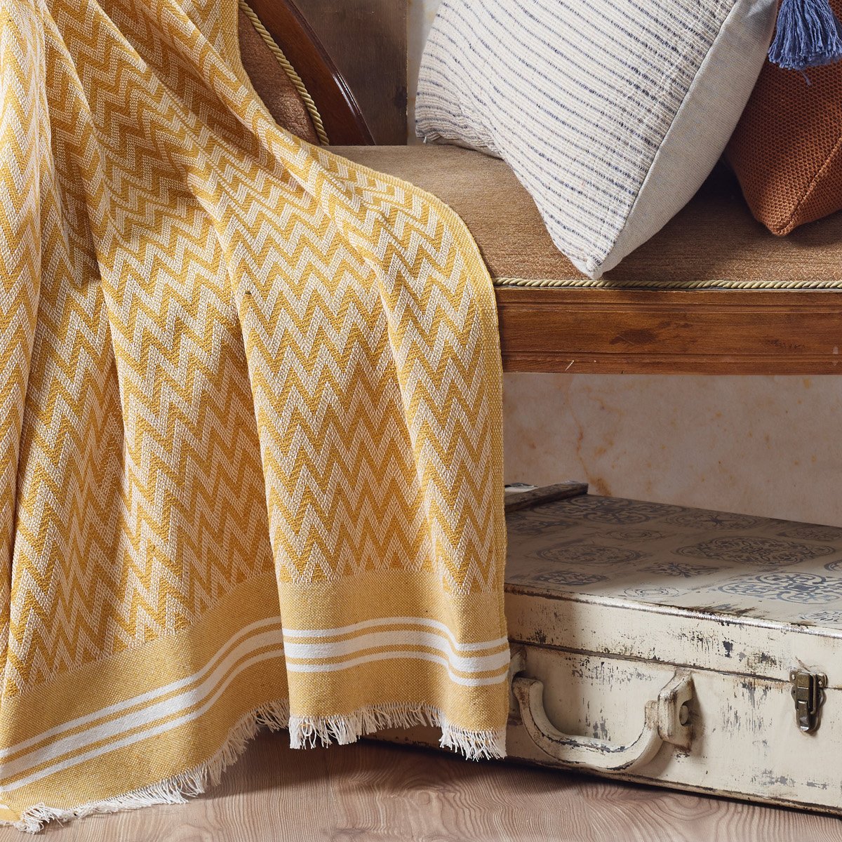 Vagonik Zigzag Pamuklu Tv Battaniyesi | Diz Battaniyesi Throw - Hardal