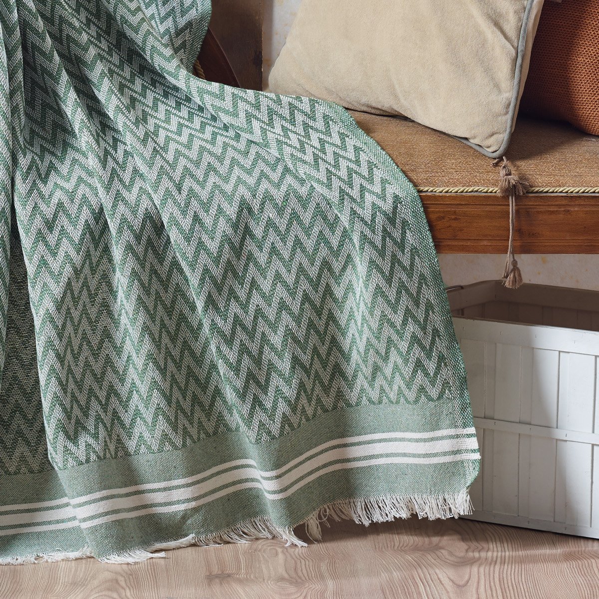 Vagonik Zigzag Pamuklu Tv Battaniyesi | Diz Battaniyesi Throw - Yeşil