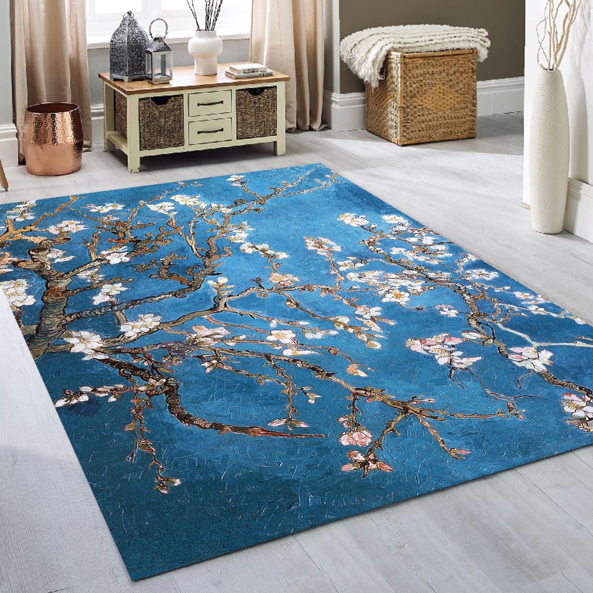 Van Gogh Çiçek Açan Badem Ağacı Dijital Baskılı Halı Kaydırmaz Tabanlı Yıkanabilir Halı