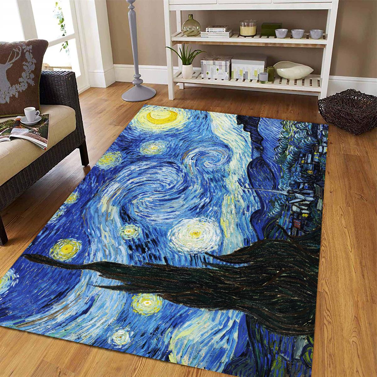 Van Gogh Yıldızlı Gece Dijital Baskılı Halı Kaydırmaz Tabanlı Yıkanabilir Halı