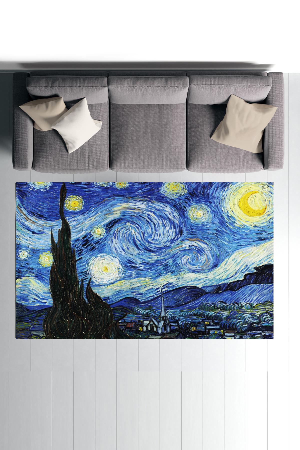 Van Gogh Yıldızlı Gece Dijital Baskılı Halı Kaydırmaz Tabanlı Yıkanabilir Halı