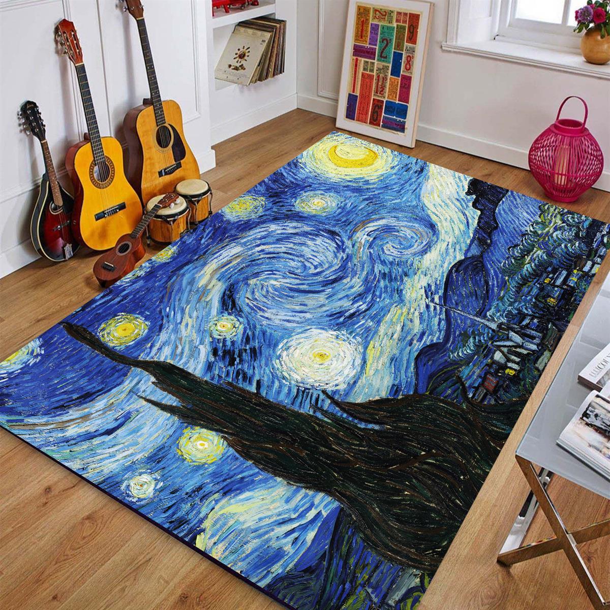 Van Gogh Yıldızlı Gece Dijital Baskılı Halı Kaydırmaz Tabanlı Yıkanabilir Halı