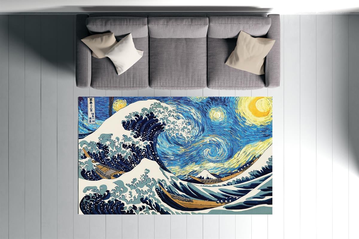 Van Gogh Yıldızlı Gece ve Büyük Dalga Dijital Baskılı Halı Kaydırmaz Tabanlı Yıkanabilir Halı