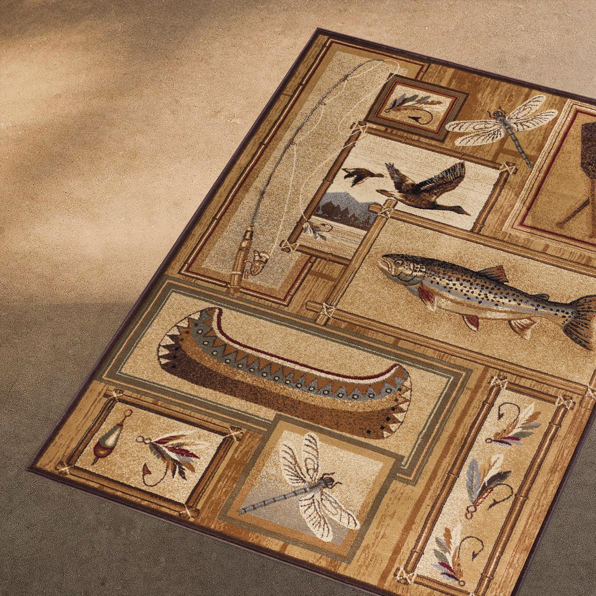 Vintage Kayık Balık ve Vahşi Doğa Desenli Dijital Baskılı Halı Kaydırmaz Tabanlı Yıkanabilir Halı