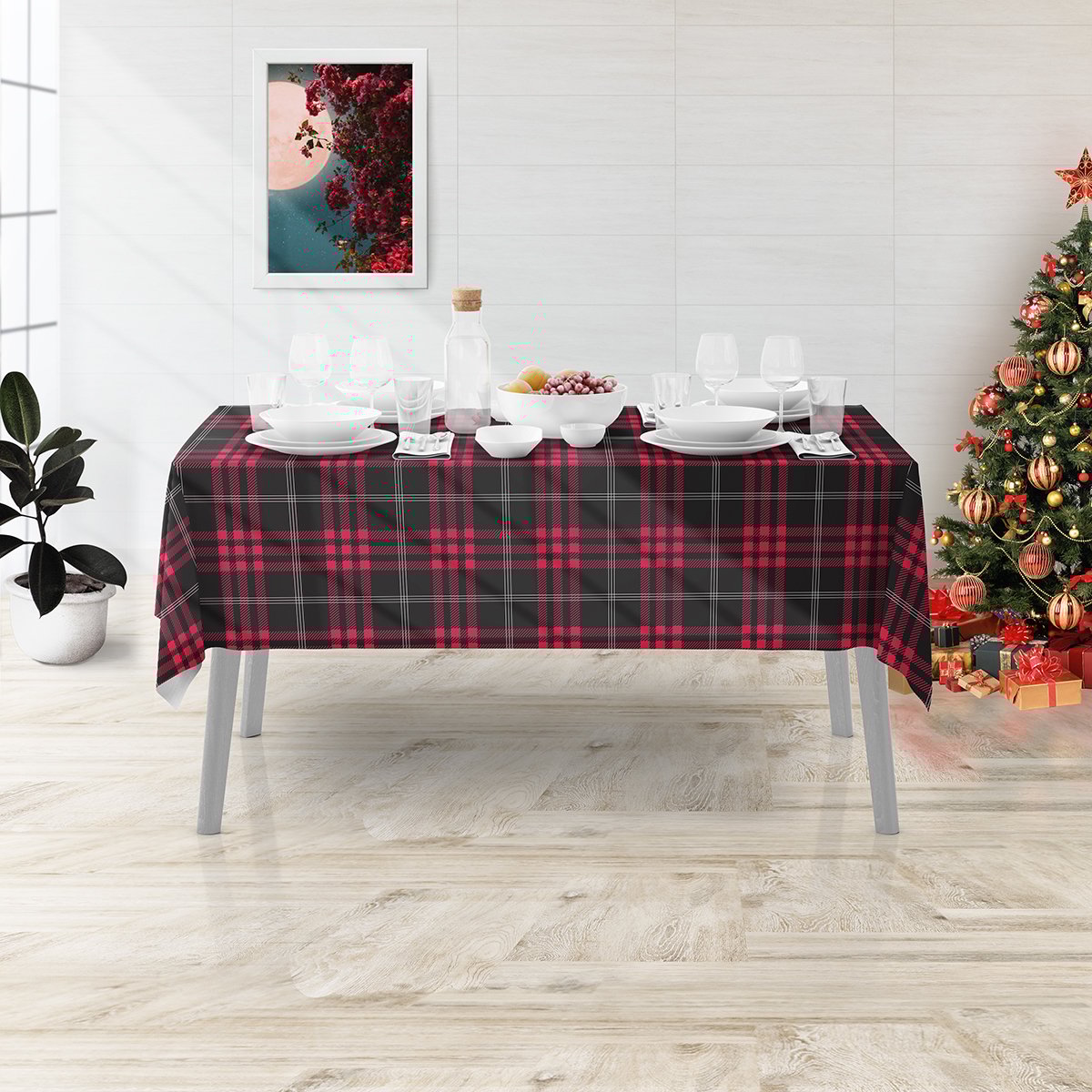 Yeşil Ekose Desenli Yılbaşı Masa Örtüsü
