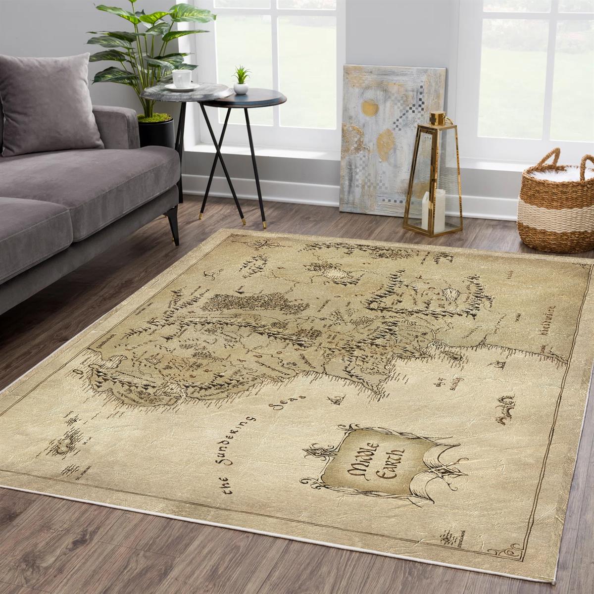 Yüzüklerin Efendisi Orta Dünya Haritası Halısı Dijital Baskılı Kaydırmaz Tabanlı Yıkanabilir Halı