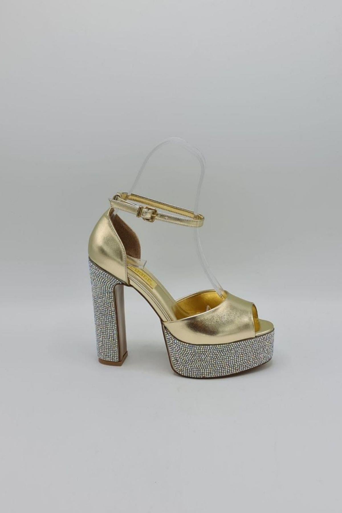 Shine Kristal Tasli Gold Topuklu Ayakkabi