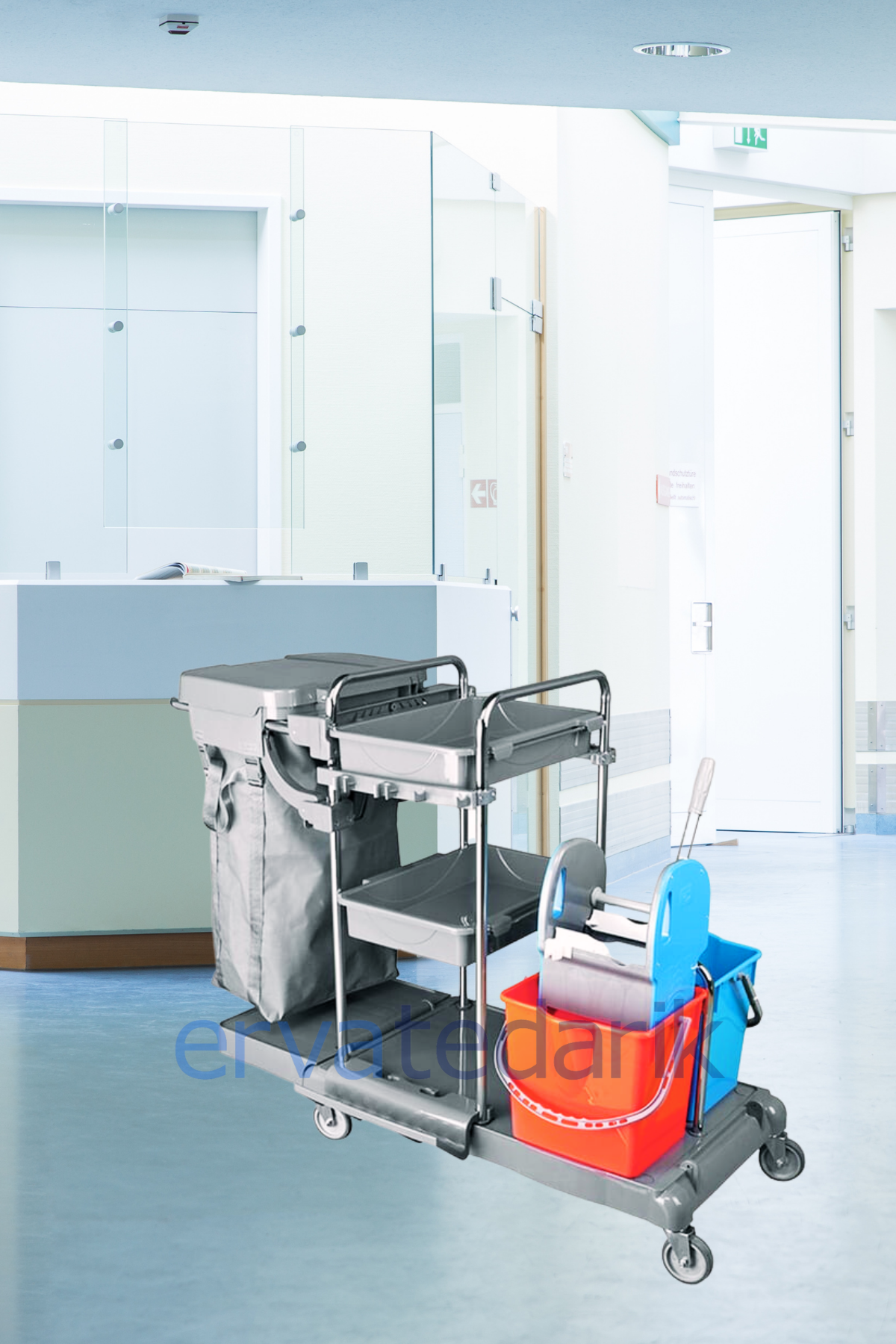 Temizlik ArabasıKat Arabası Krom Gövde Brandalı Sıkma Presli Temizlik Kovalı