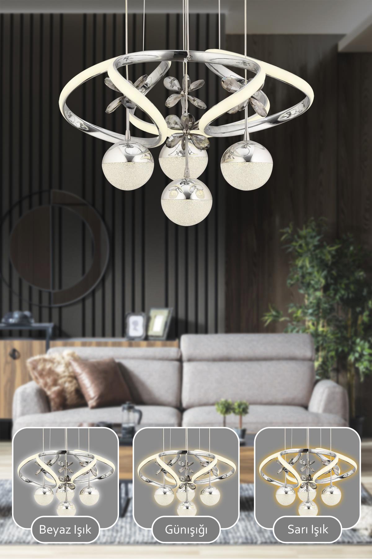 Modern Luvina Krom 3 Renk Işık Özellikli Power Led Kaplama Sarkıt Led Avize Salon Avize