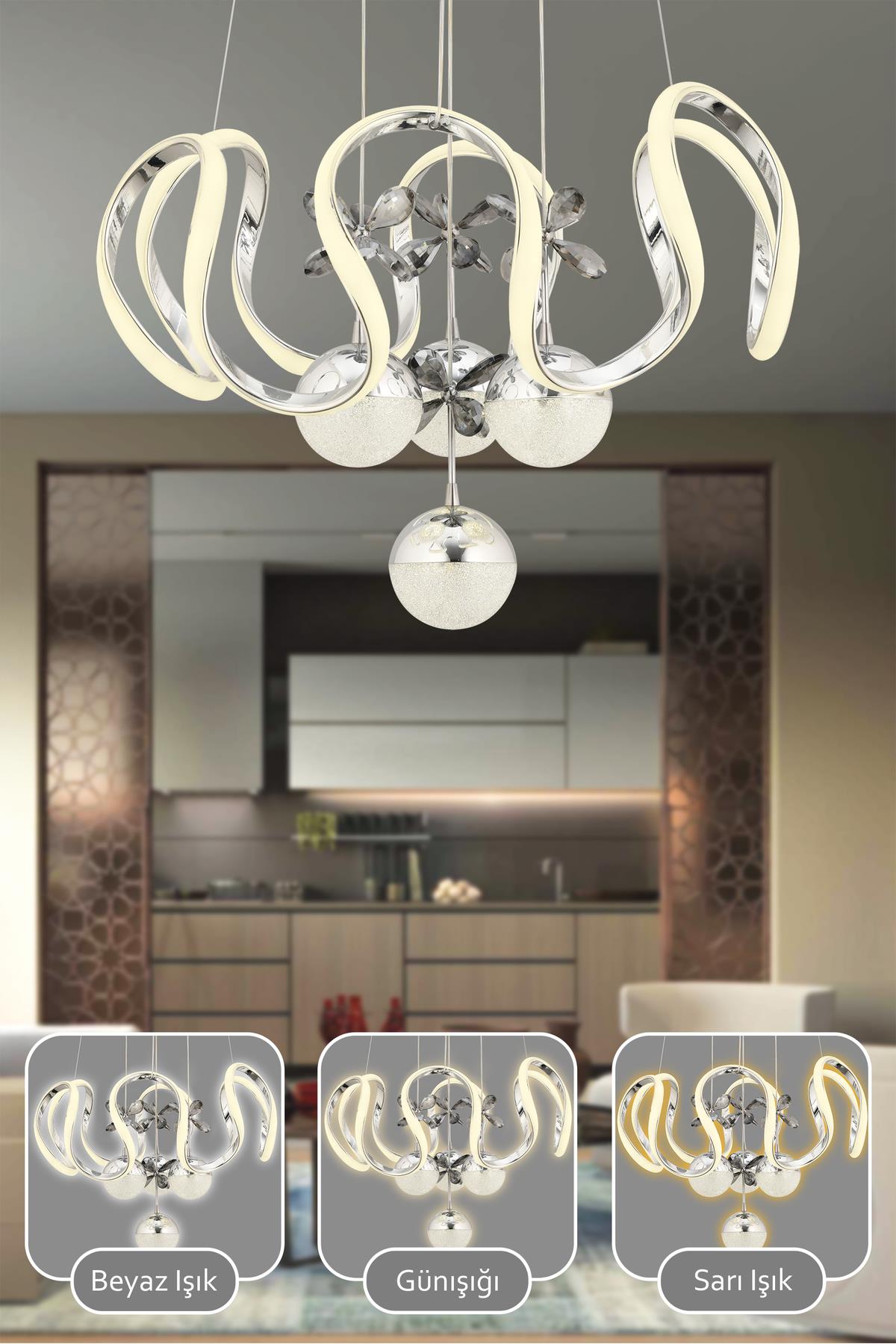 Modern Riva Krom 3 Renk Işık Özellikli Power Led Kaplama Sarkıt Led Avize Salon Avize