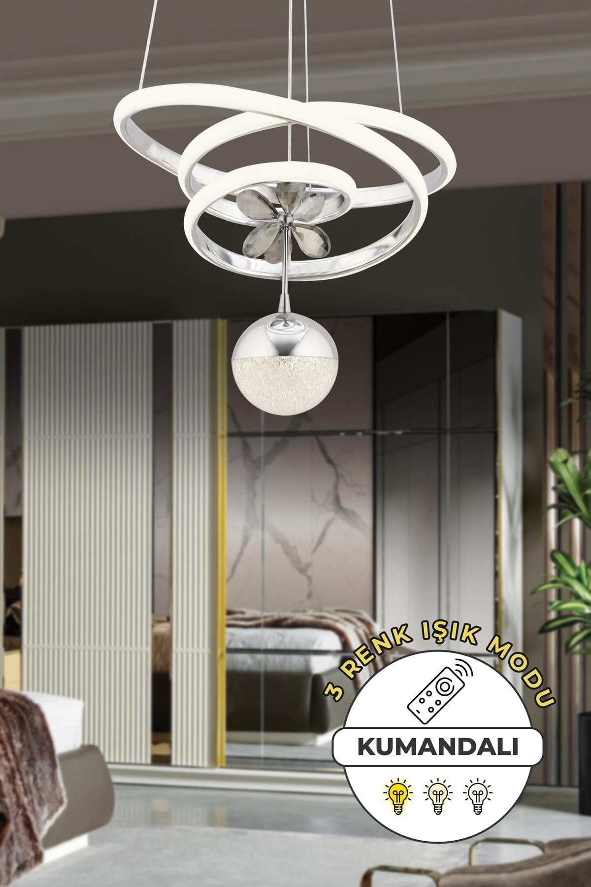 Sara Kumandalı Krom 3 Renk Işık Özellikli Dimmerli Modern Kaplama Sarkıt Led Salon Mutfak Avize
