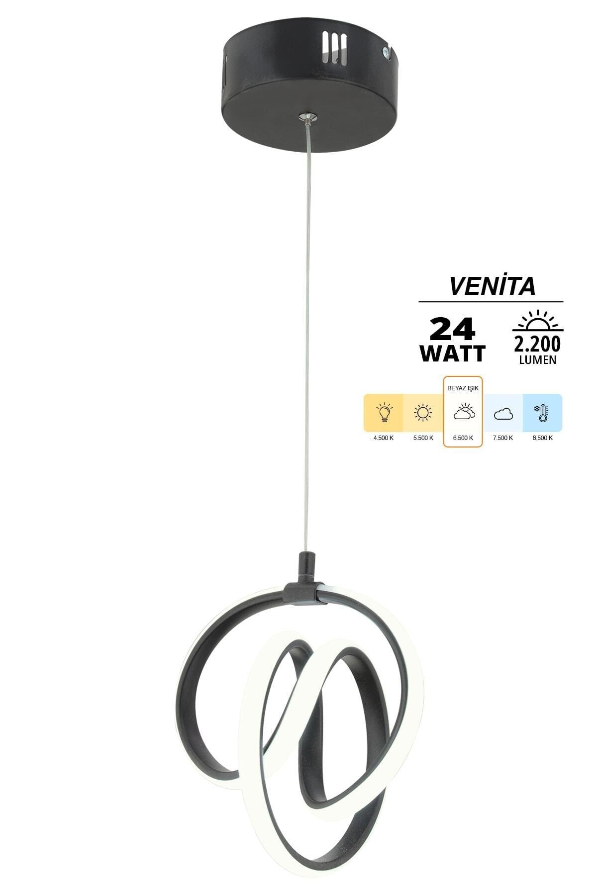 Venita Siyah Modern Sarkıt Led Avize Beyaz Işık Salon Mutfak Oda Hol Ledli Avize