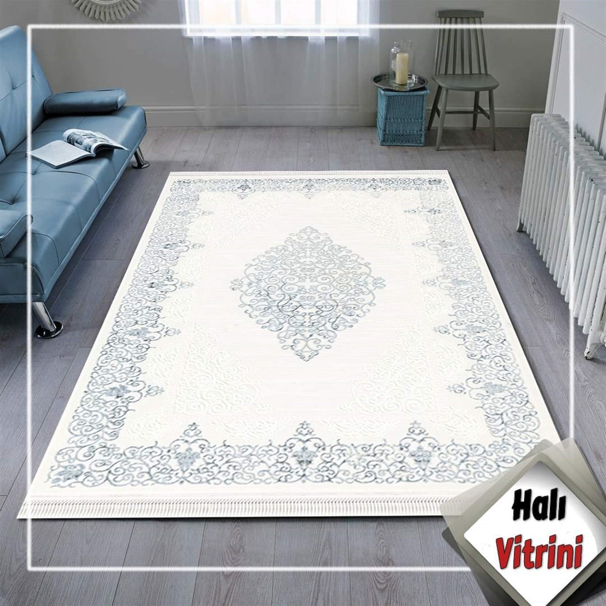 Dinarsu Oval Halı 80x150 Gold GD001 630 Krem Mavi
