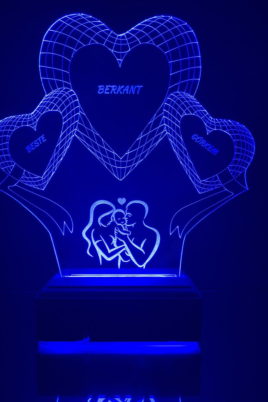 Kişiye Özel 3D 3 Kalp ve Aile 16 Renk Dekoratif Led Lamba