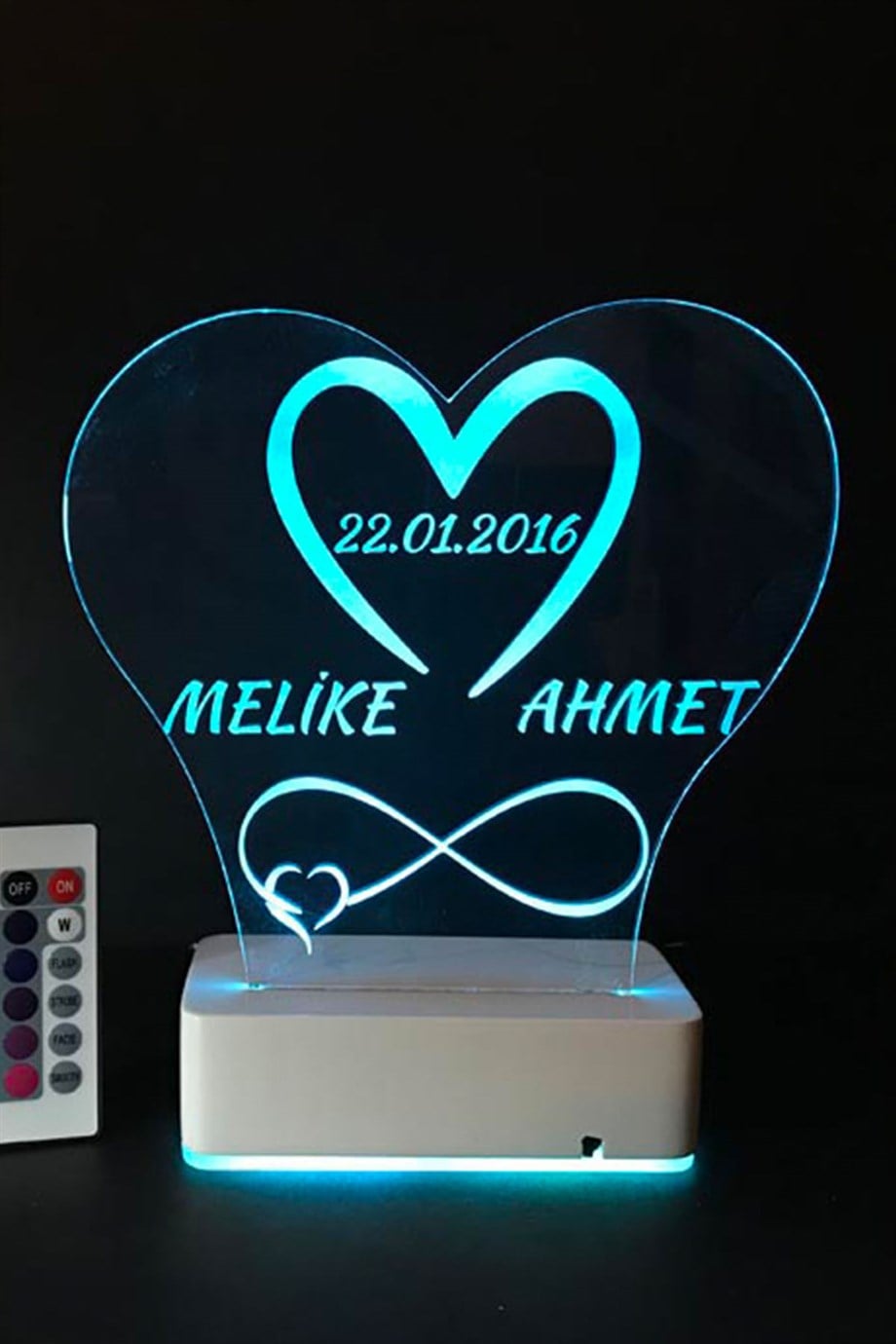 Kişiye Özel 3D Kalp İsim Tarih Sonsuzluk 16 Renk Dekoratif Led Lamba