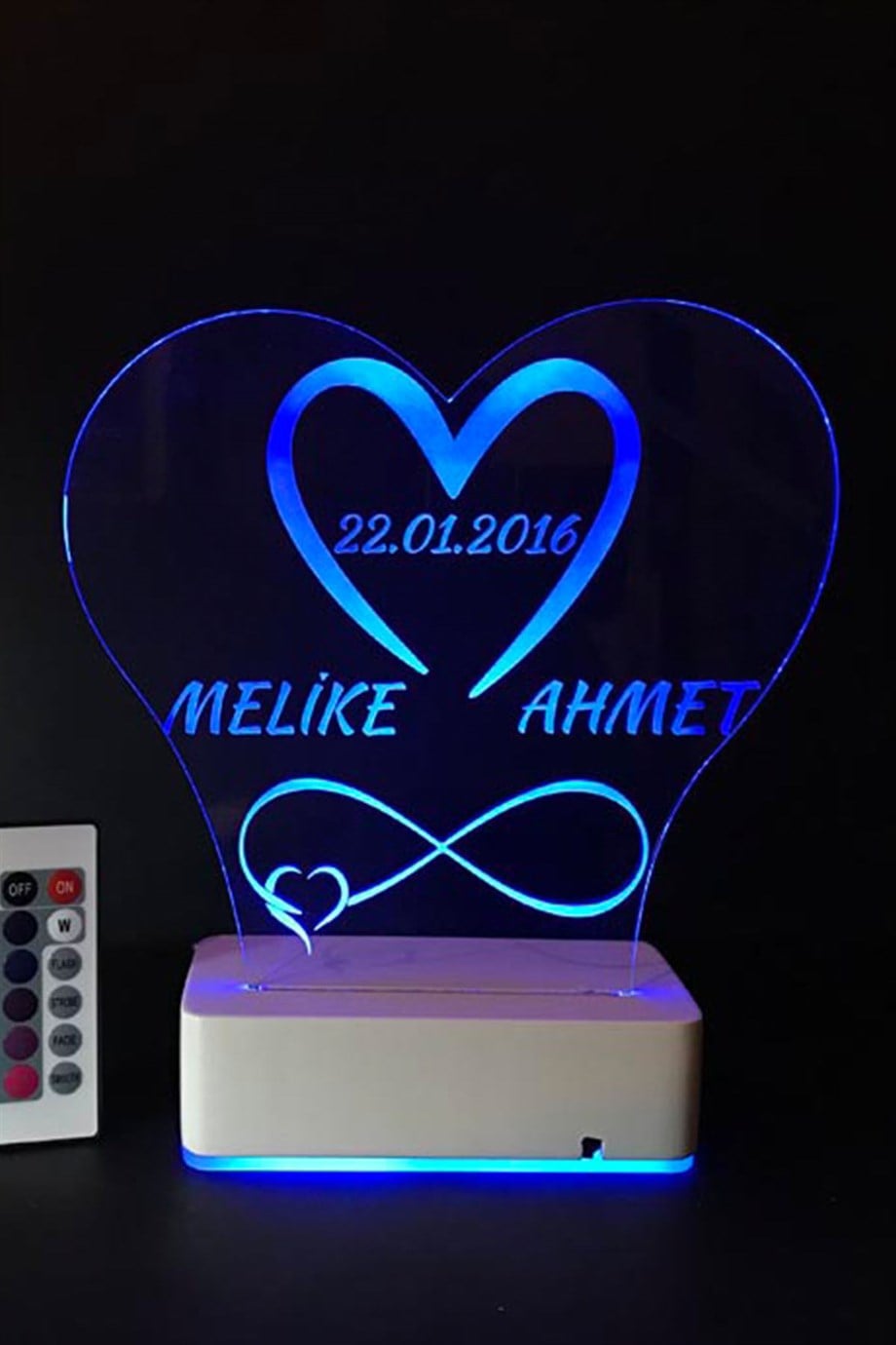Kişiye Özel 3D Kalp İsim Tarih Sonsuzluk 16 Renk Dekoratif Led Lamba