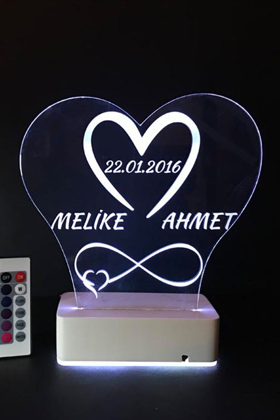 Kişiye Özel 3D Kalp İsim Tarih Sonsuzluk 16 Renk Dekoratif Led Lamba