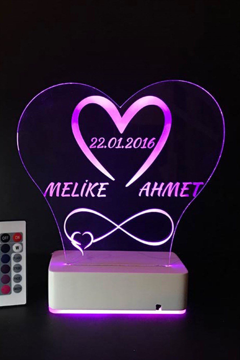 Kişiye Özel 3D Kalp İsim Tarih Sonsuzluk 16 Renk Dekoratif Led Lamba