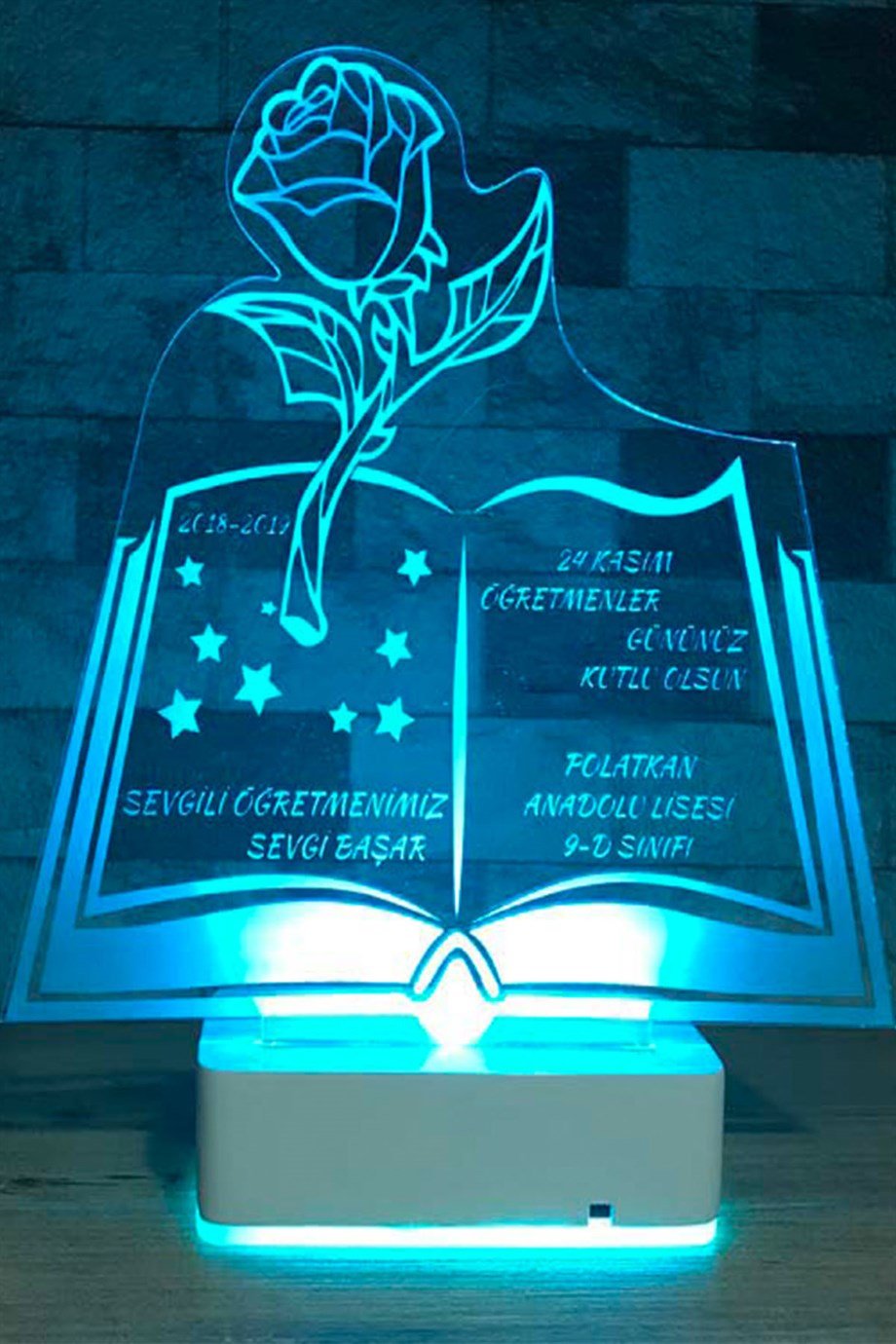 Kişiye Özel 3D Öğretmenler Günü Gül ve Kitap 16 Renk Dekoratif Led Lamba