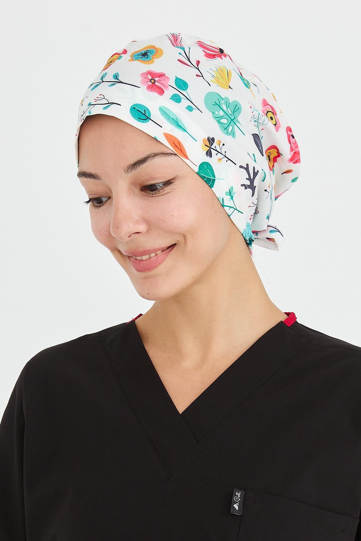 Carnival Doktor Hemşire Cerrahi Bone Aşçı Bonesi İş Bandanası, Sulu Boya Çiçek