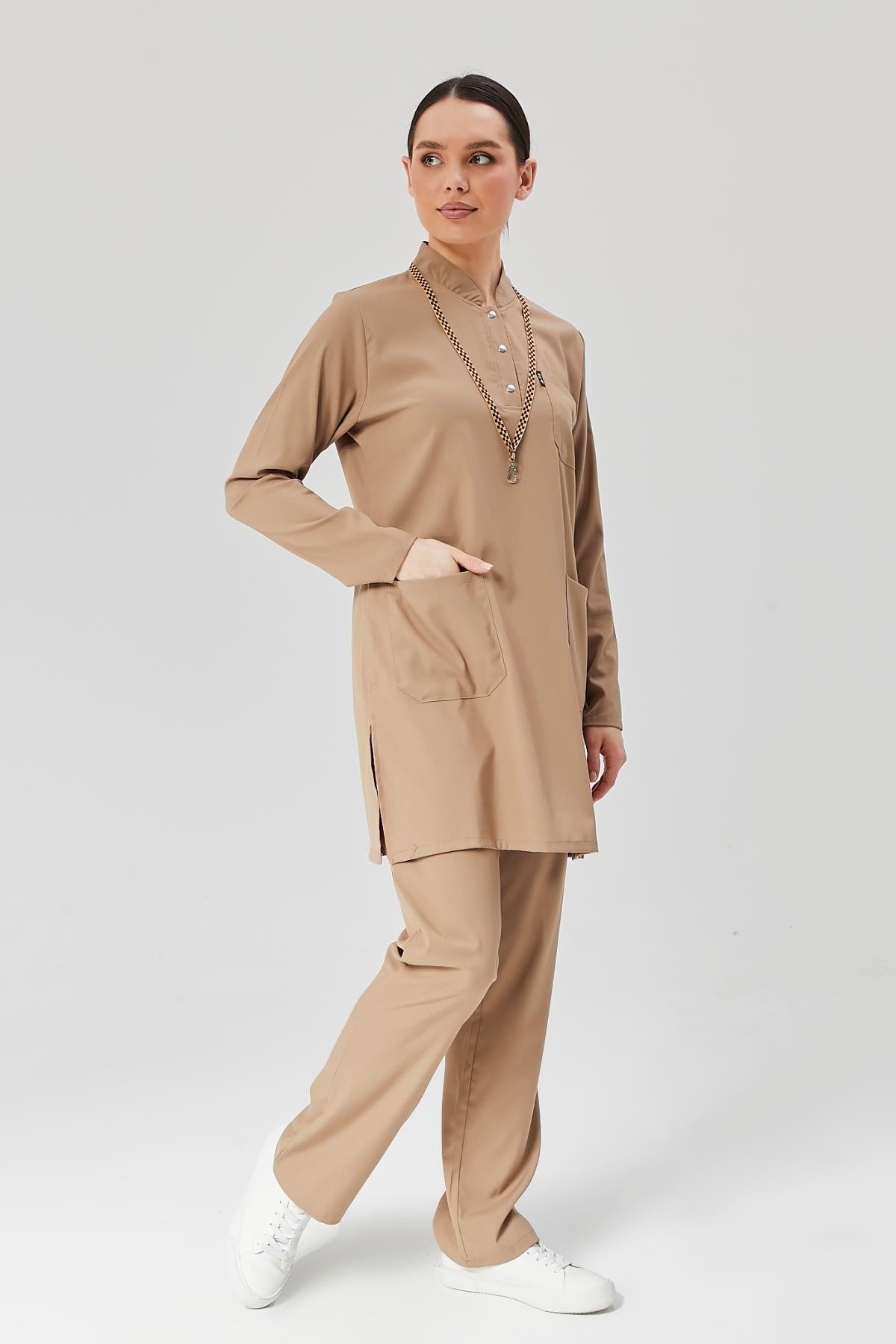 Happiness Modest - Likralı Doktor Hemşire Tesettür Forma Takımı, Bej