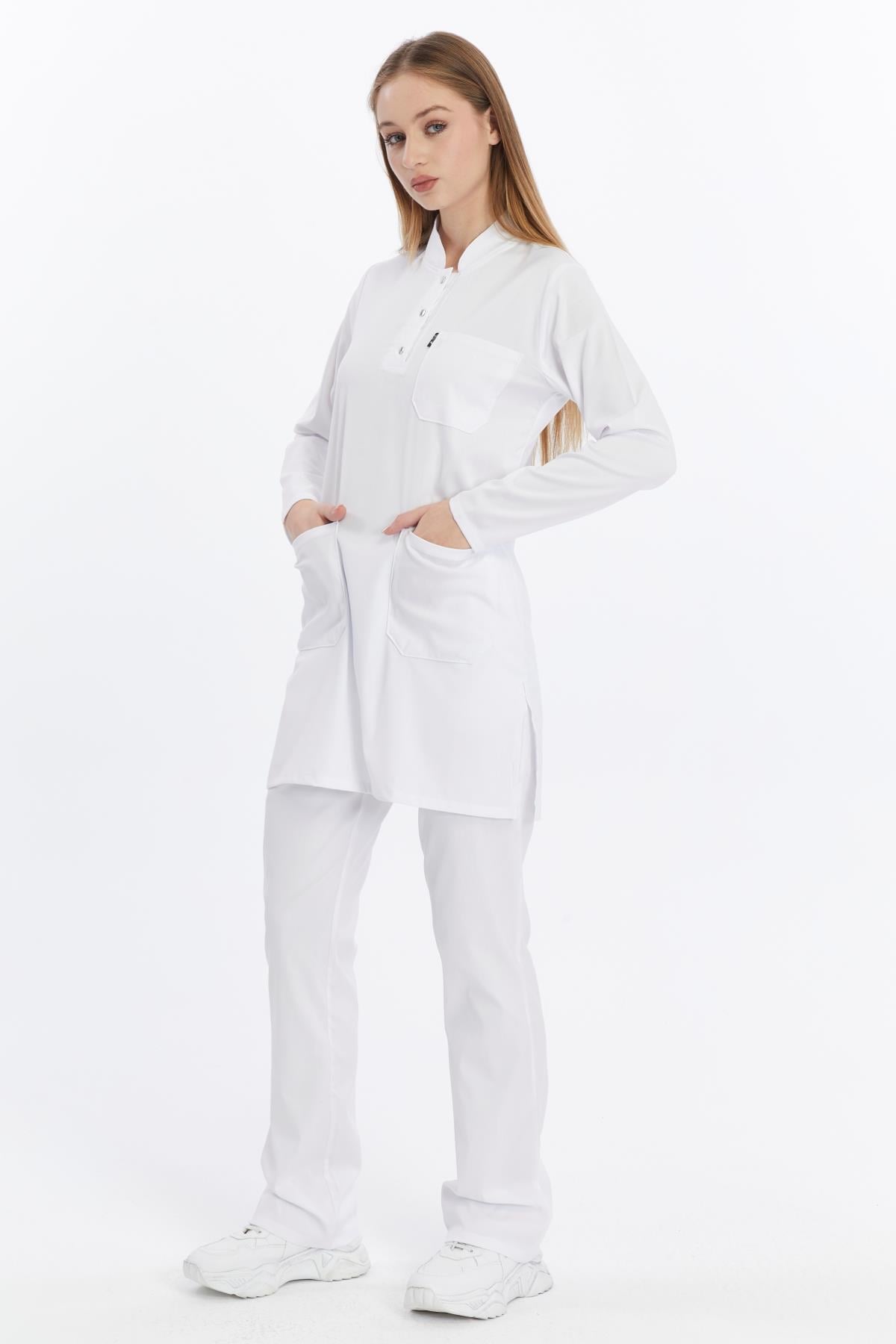 Happiness Modest - Likralı Doktor Hemşire Tesettür Forma Takımı, Beyaz