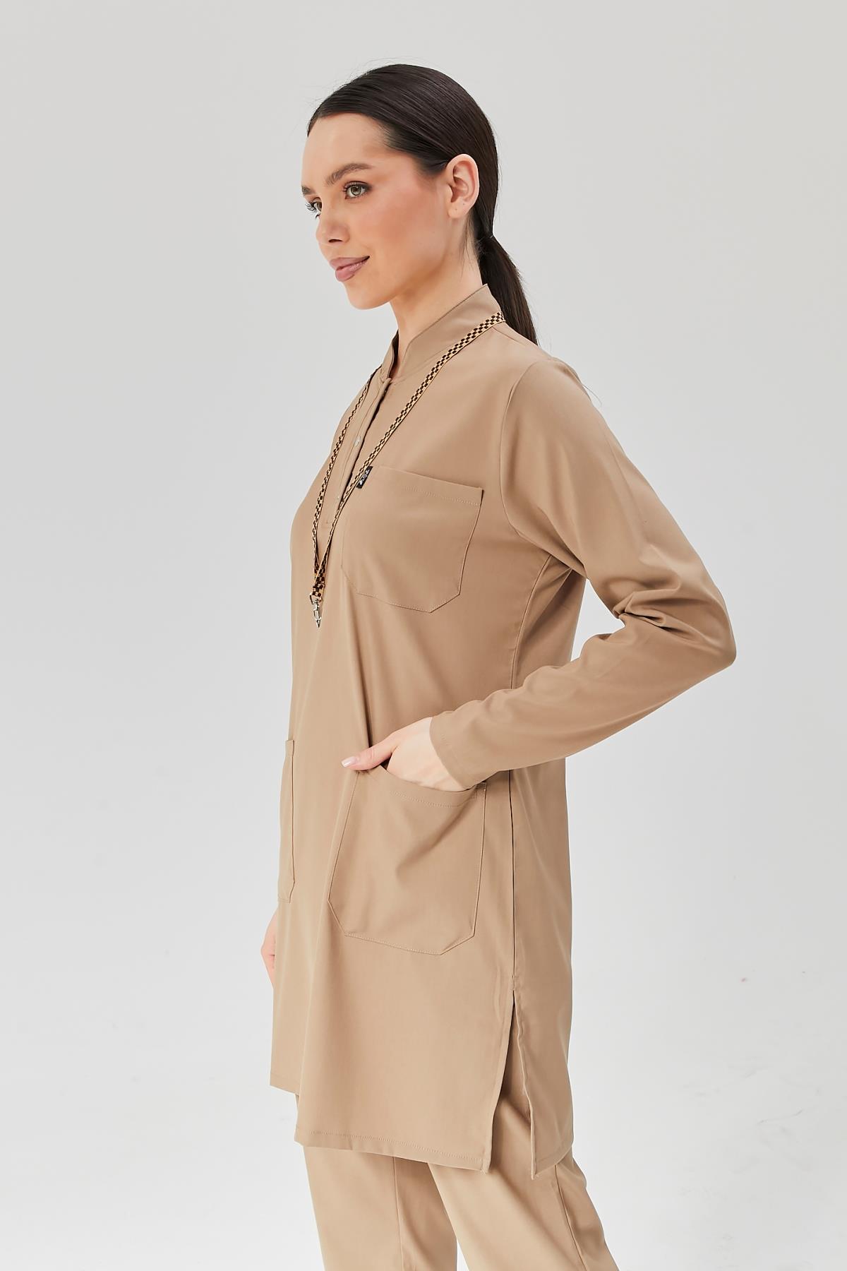 Happiness Modest - Likralı Doktor Hemşire Tesettür Forma Takımı, Bej