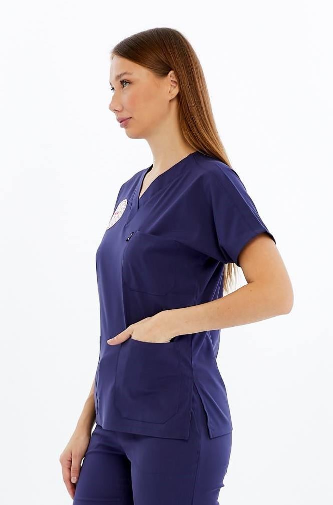 Spaniard - Hemşire Forması Likralı Scrubs (Kadın) (Yeni Yönetmeliğe Uygun - Patriot Blue) (Tek Üst)