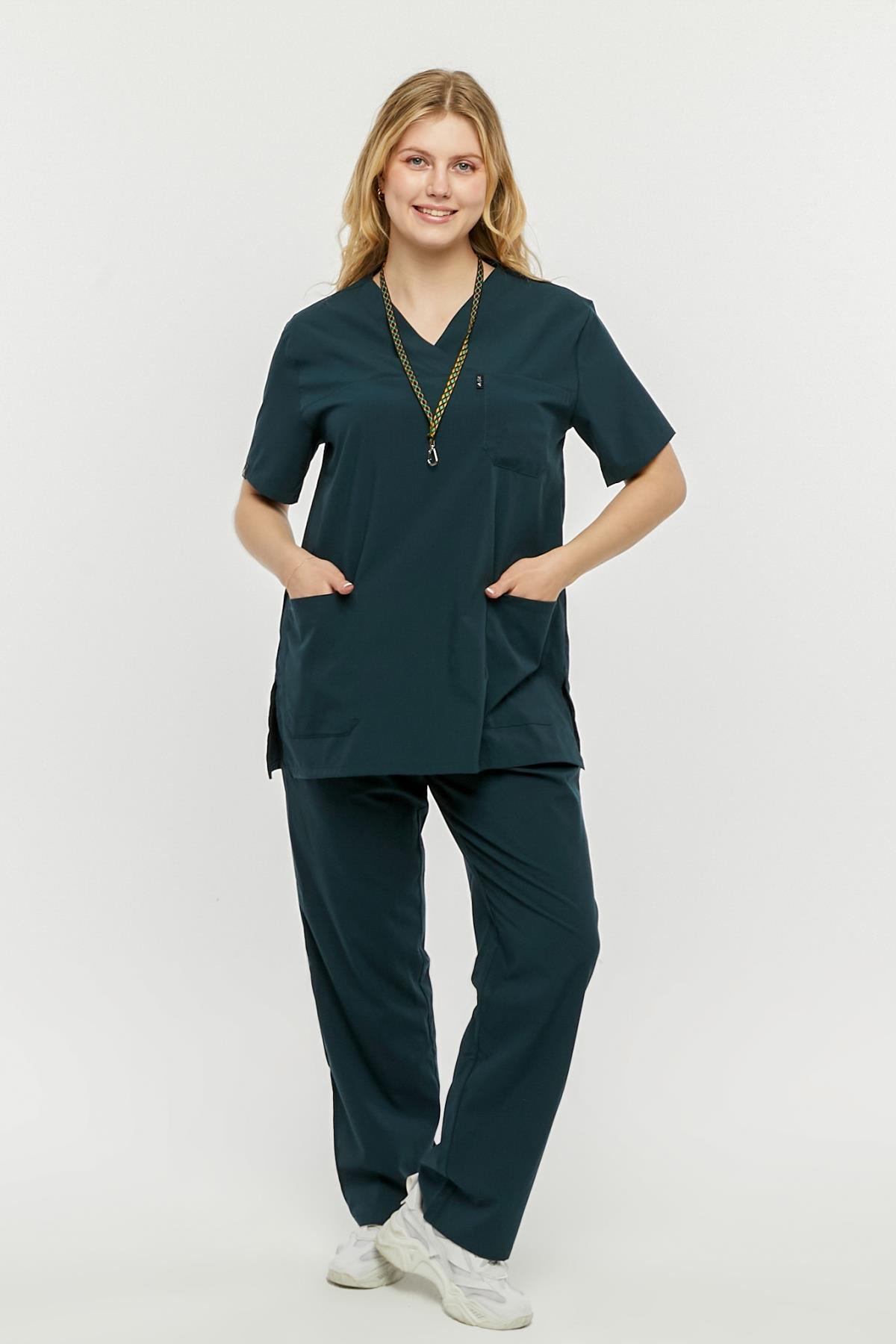 UltraLycra Comfy - Büyük Beden Likralı Doktor Hemşire Forma Takımı (UNISEX), Koyu Yeşil