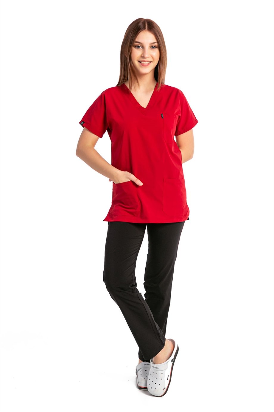 UltraLycra Harmony/Basic - Doktor Hemşire Forma Takımı, Kırmızı/Siyah