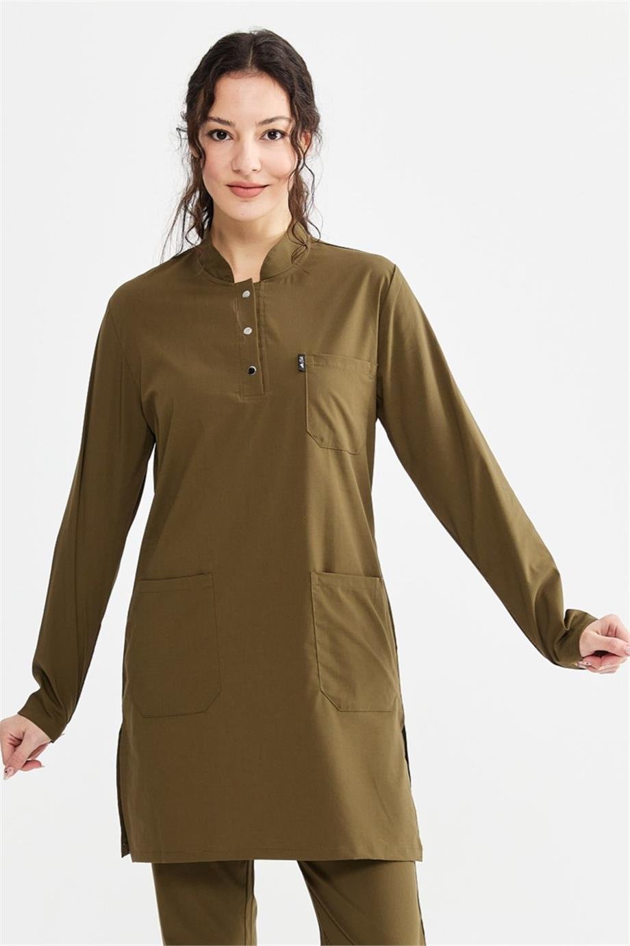 UltraLycra Modest - Likralı Doktor Hemşire Tesettür Tek Üst Forma, Haki