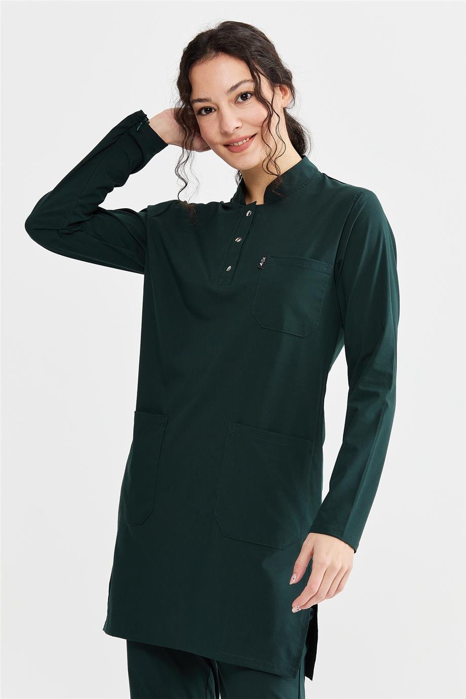 UltraLycra Modest - Likralı Doktor Hemşire Tesettür Tek Üst Forma, Koyu Yeşil