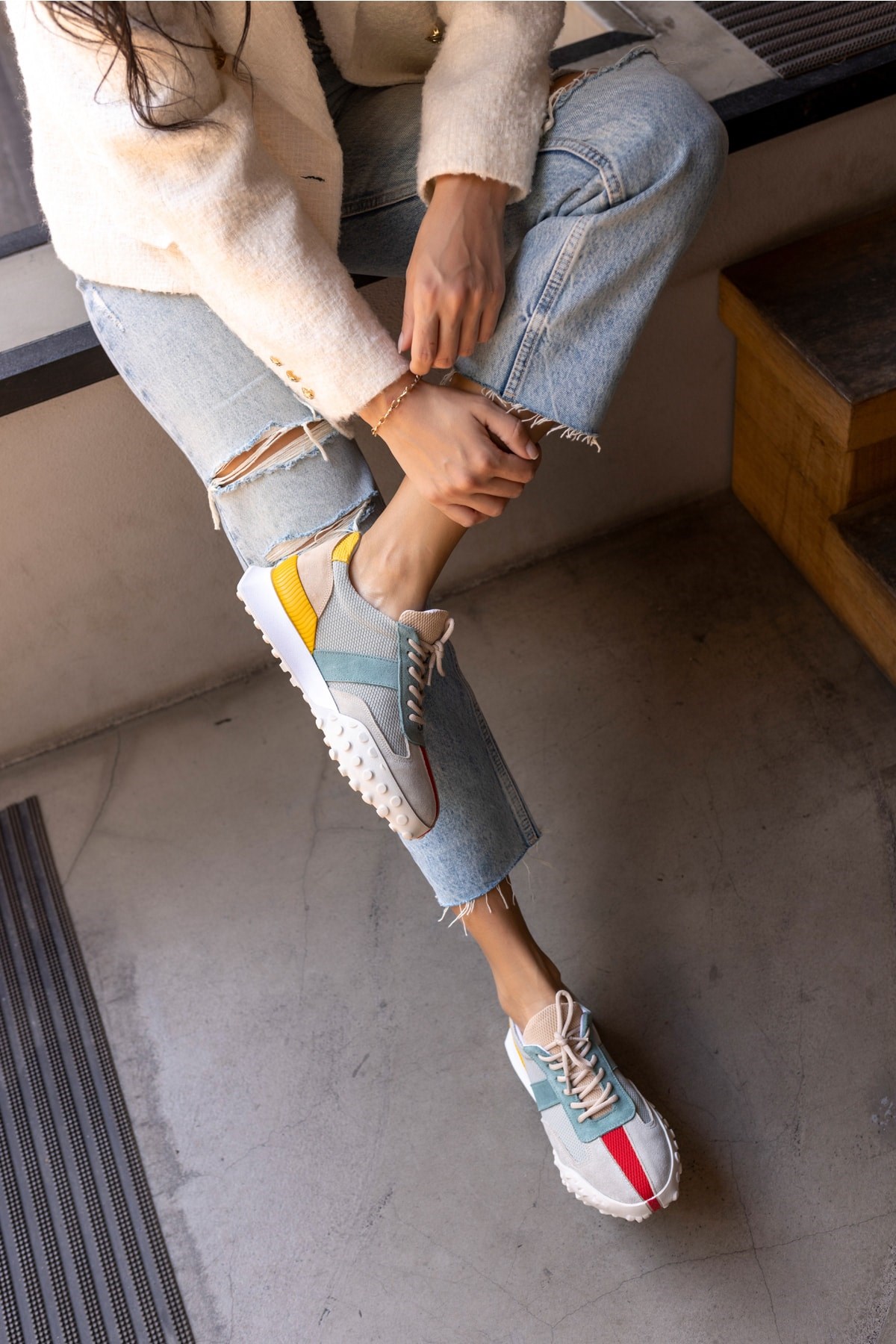 Lascor Kadın Bej Yeşil Garnılı Gercek Suet Sneaker