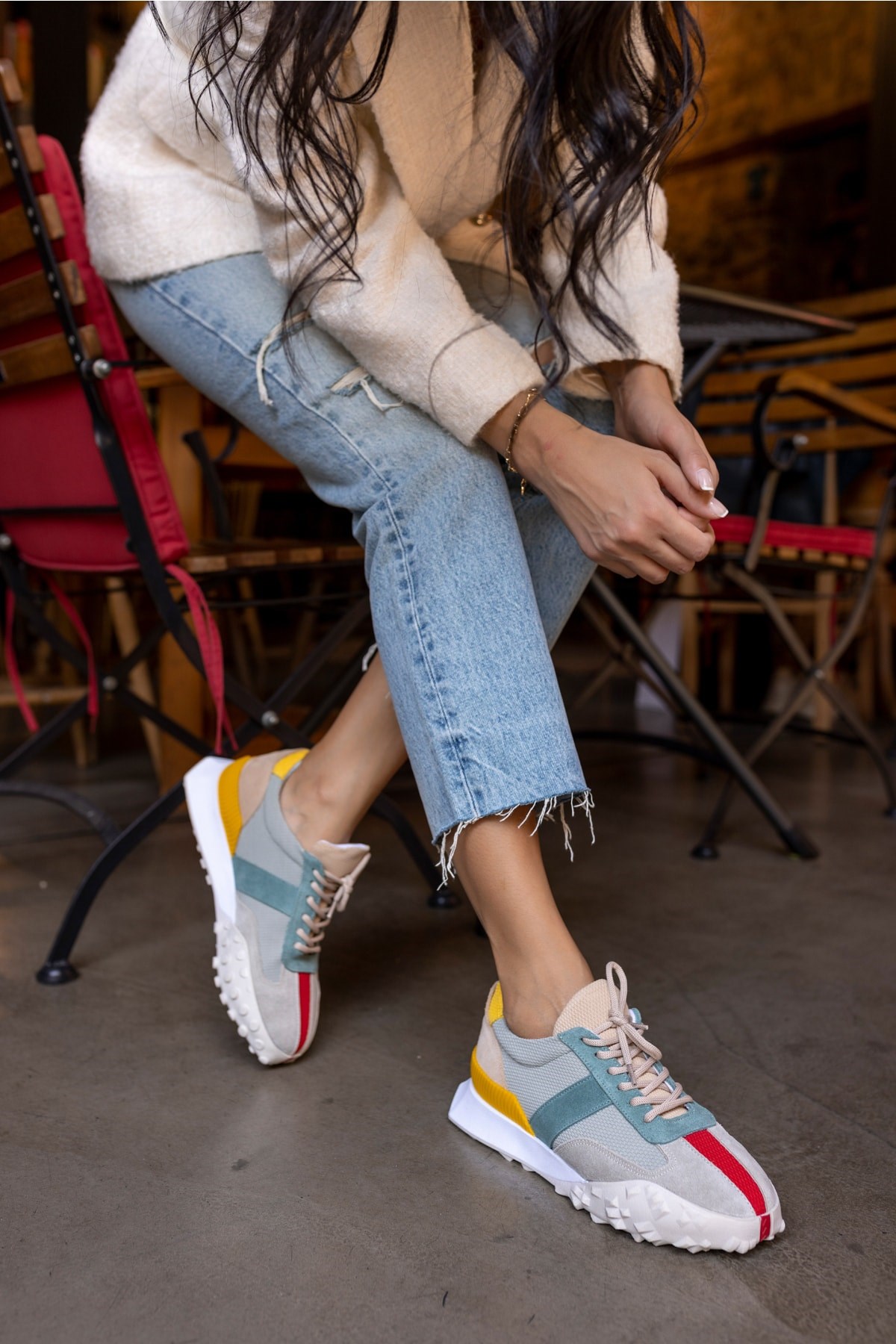 Lascor Kadın Bej Yeşil Garnılı Gercek Suet Sneaker