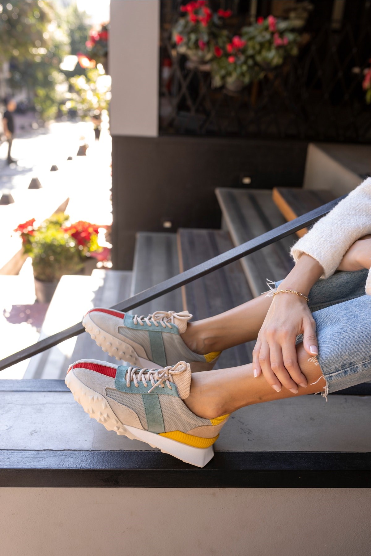 Lascor Kadın Bej Yeşil Garnılı Gercek Suet Sneaker
