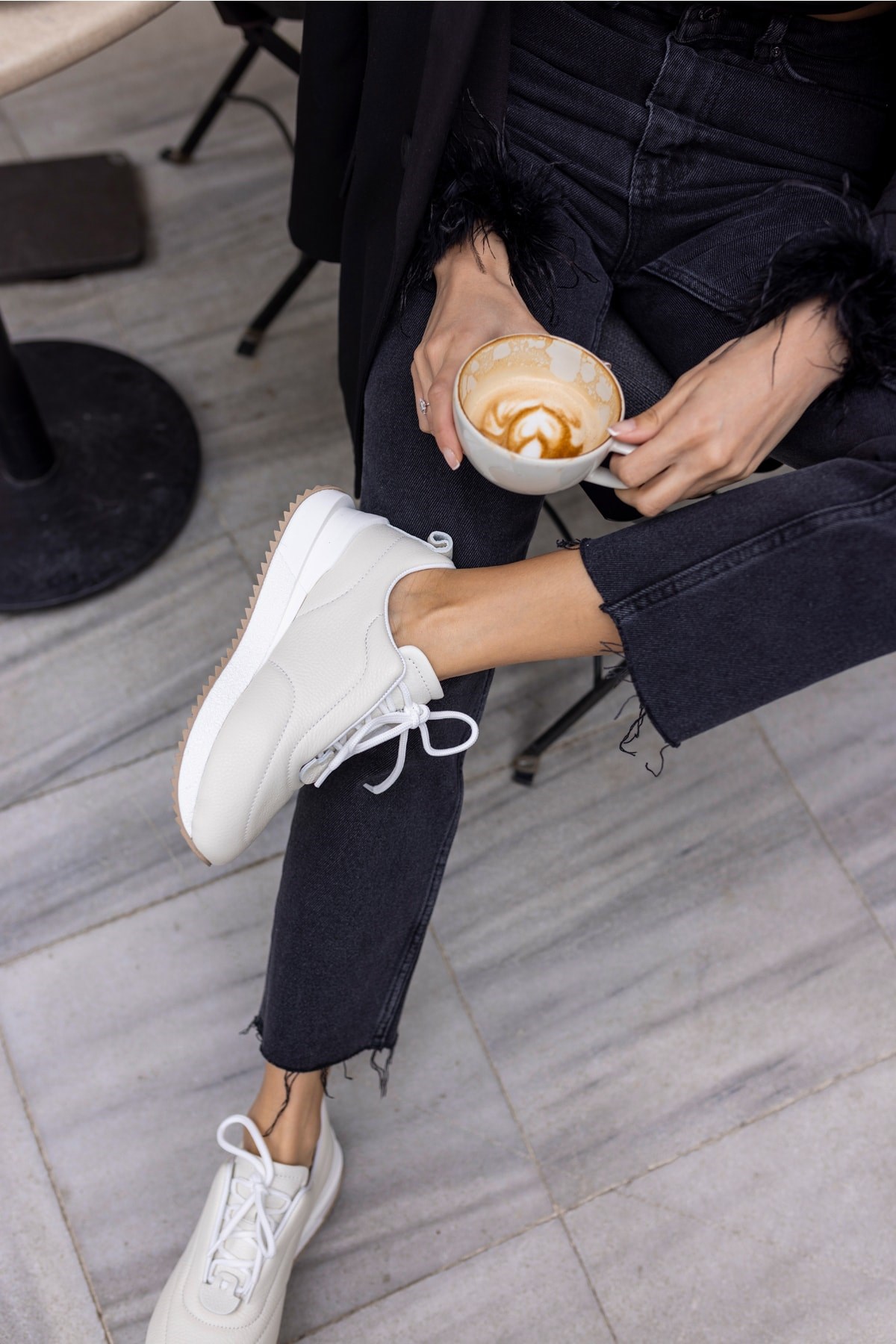 Tobias Kadin Bej Gercek Deri Puff Detay Sneaker