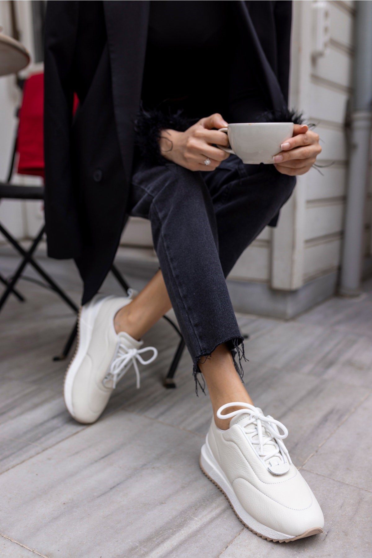 Tobias Kadin Bej Gercek Deri Puff Detay Sneaker